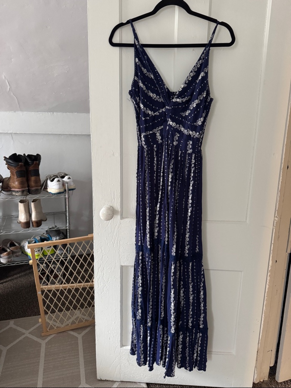 Angie Navy Floral Maxi Dress with White Print